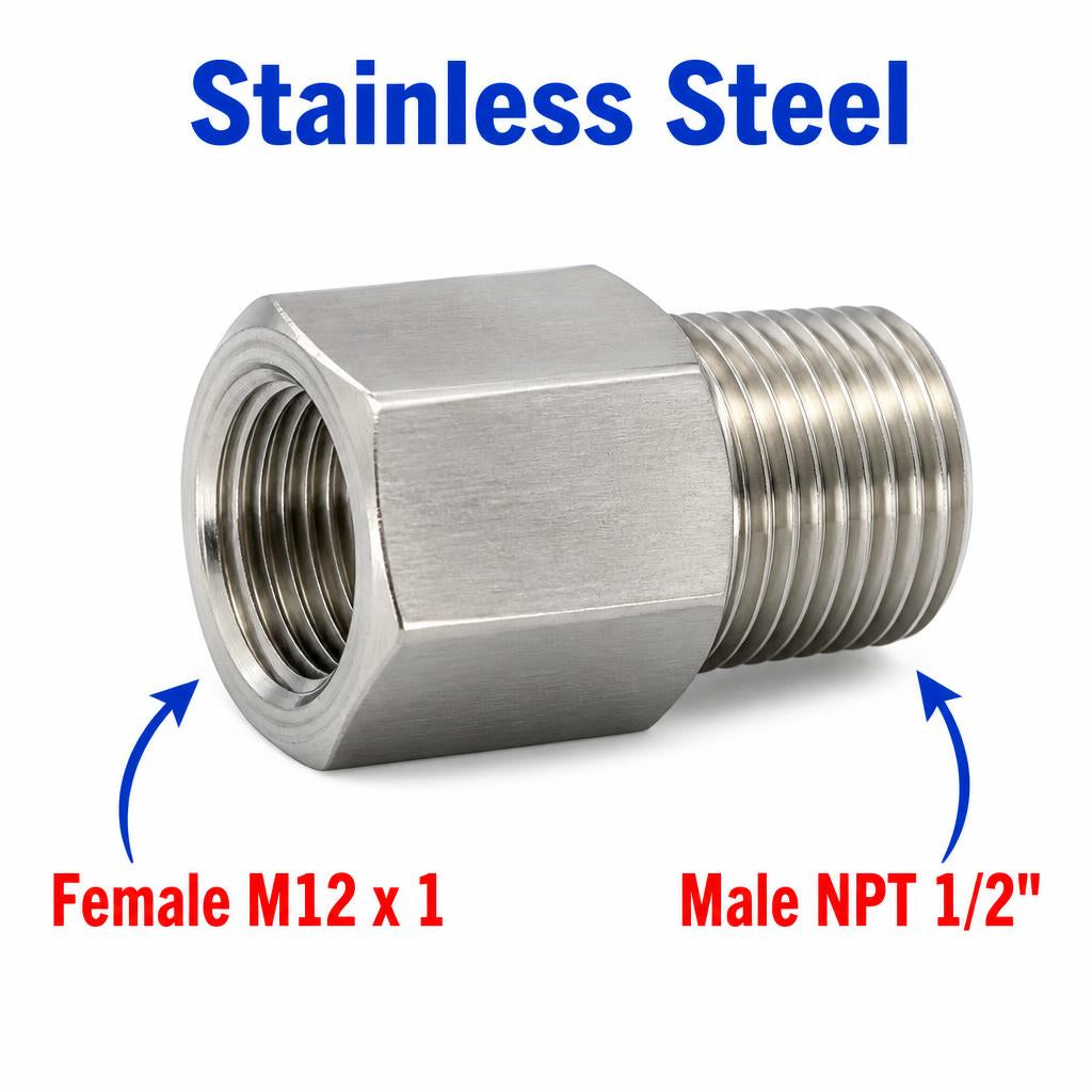 Stainless steel M12x1 female to 1/2 inch NPT male sensor adaptor fitting for conversion, designed by MC Motoparts.