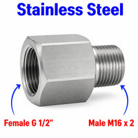Stainless steel BSP G 1/2 inch female to M16x2 male sensor adaptor fitting for conversion, by MC Motoparts.