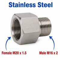 Stainless steel M20x1.5 female to M16x2 male sensor adaptor fitting for conversion, used in automotive sensor connections.