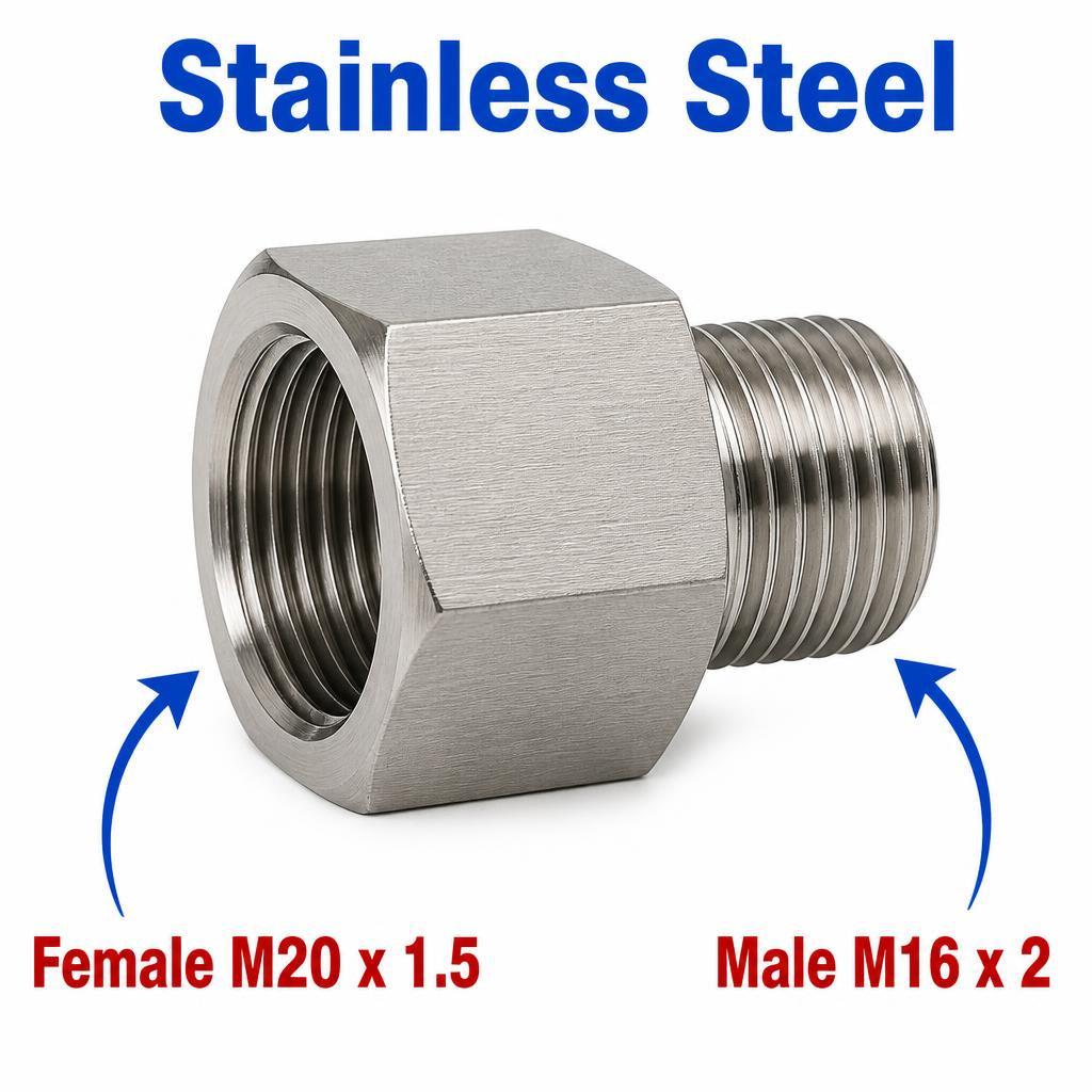 Stainless steel M20x1.5 female to M16x2 male sensor adaptor fitting for conversion, used in automotive sensor connections.