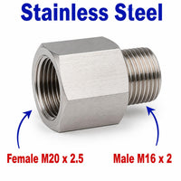 Stainless steel M20x2.5 female to M16x2 male sensor adaptor fitting, APS conversion fitting by MC Motoparts.