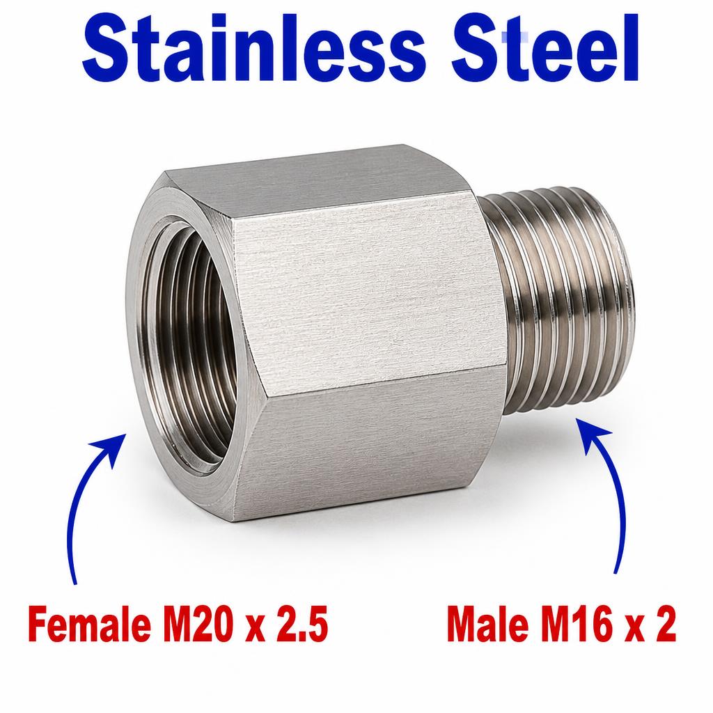 Stainless steel M20x2.5 female to M16x2 male sensor adaptor fitting, APS conversion fitting by MC Motoparts.