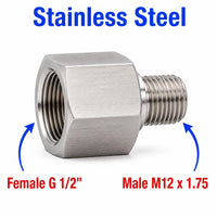 Stainless steel BSP G 1/2 inch female to M12x1.75 male sensor adaptor fitting by MC Motoparts, used for sensor conversions.