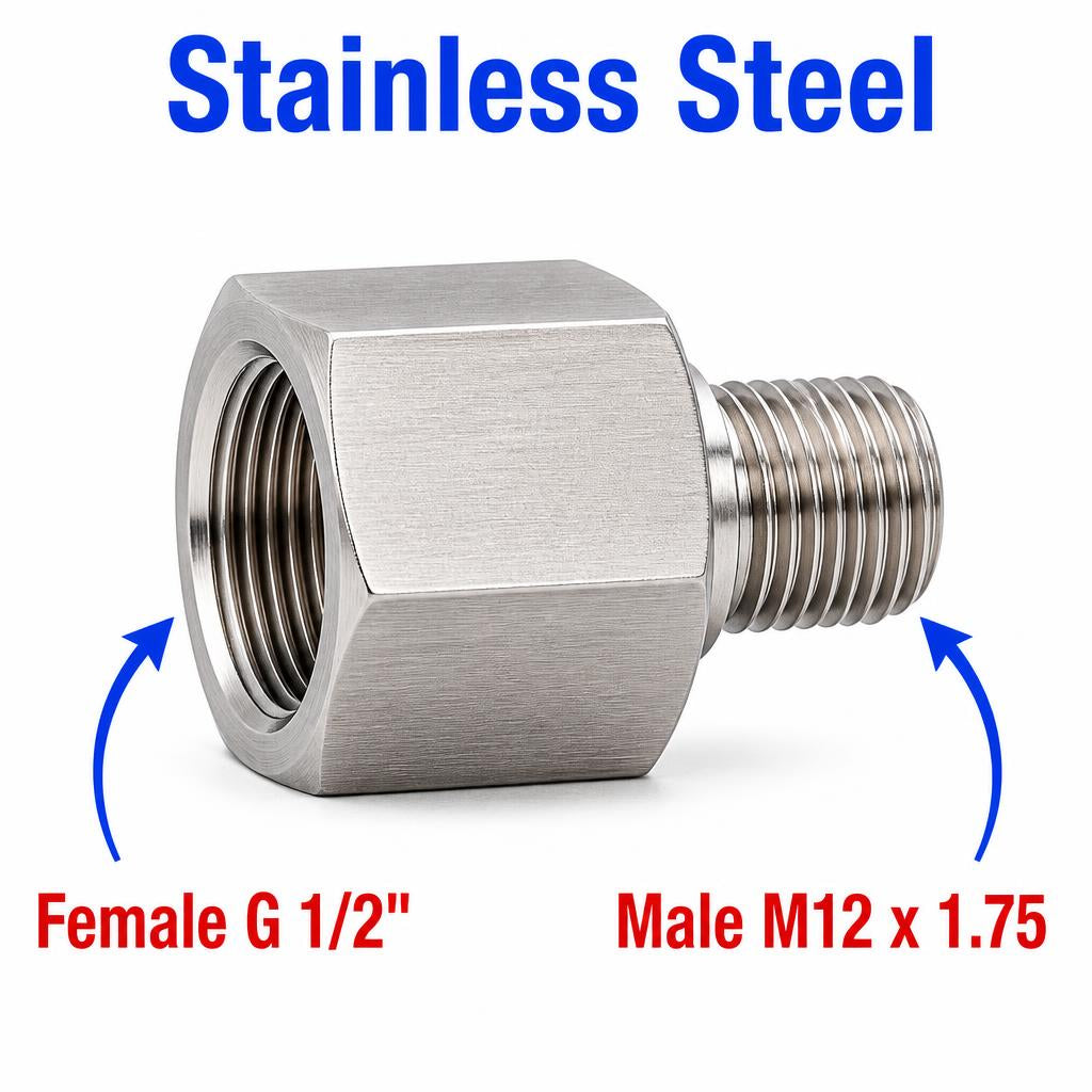 Stainless steel BSP G 1/2 inch female to M12x1.75 male sensor adaptor fitting by MC Motoparts, used for sensor conversions.