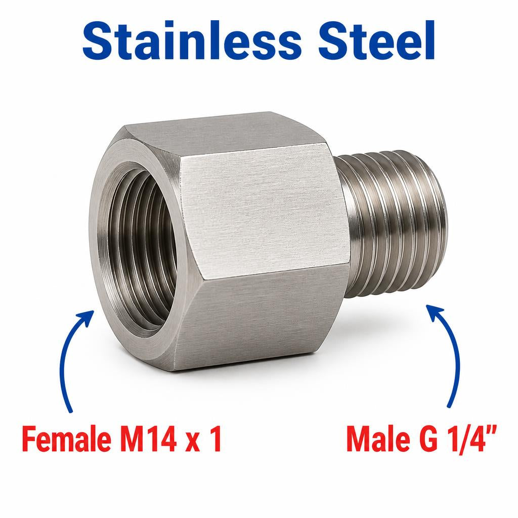 Stainless steel M14x1 female to BSP G 1/4 inch male sensor adaptor fitting for hydraulic or pneumatic connections.