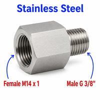 Stainless steel M14x1 female to BSP G 3/8 inch male sensor adaptor fitting for conversion, shown on APS1196.