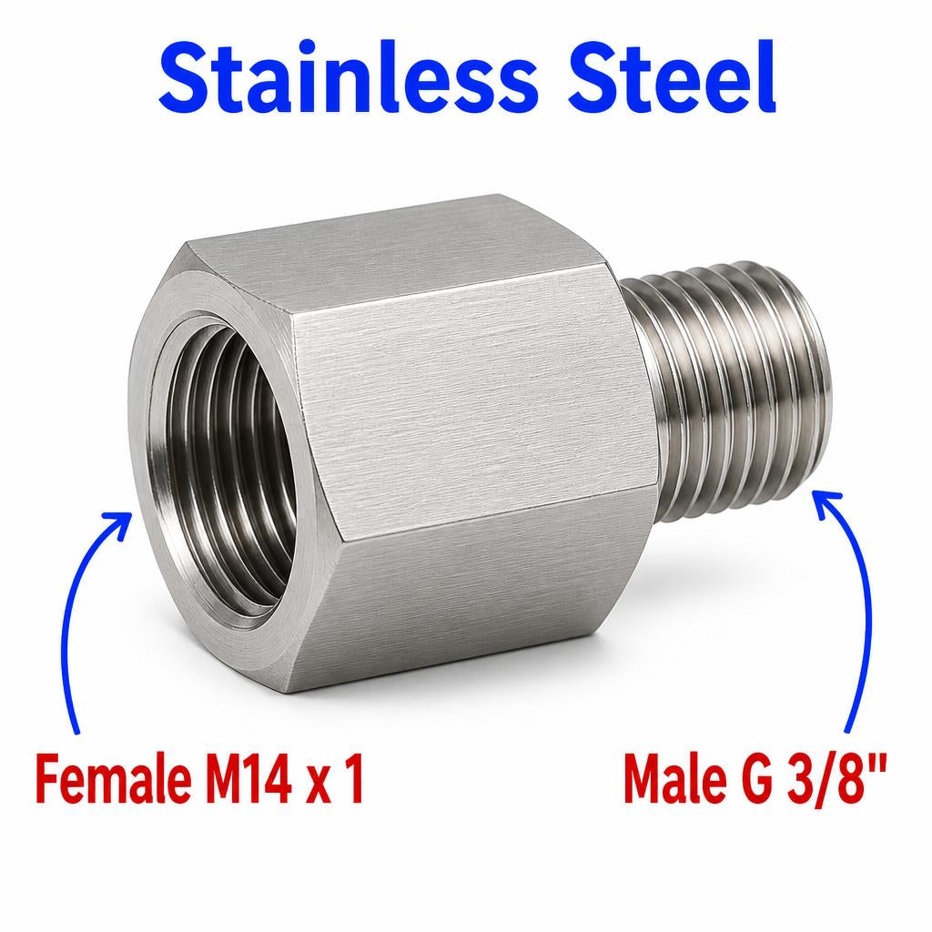 Stainless steel M14x1 female to BSP G 3/8 inch male sensor adaptor fitting for conversion, shown on APS1196.