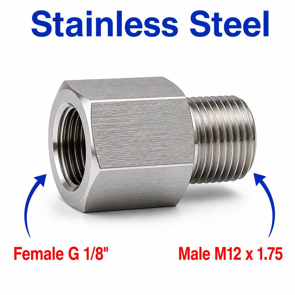 Stainless steel MC Motoparts BSP G 1/8 inch female to M12x1.75 male sensor adaptor fitting for conversion and sensor connections.