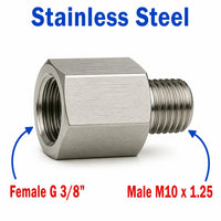 Stainless steel BSP G 3/8 inch female to M10x1.25 male sensor adaptor fitting for MC Motoparts APS conversion application.
