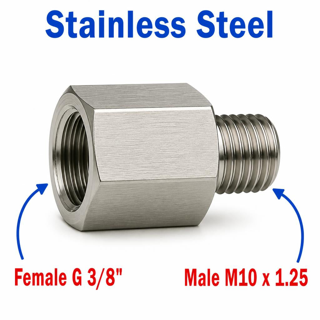 Stainless steel BSP G 3/8 inch female to M10x1.25 male sensor adaptor fitting for MC Motoparts APS conversion application.