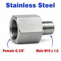 Stainless steel BSP G 3/8 inch female to M10x1.5 male sensor adaptor fitting for conversion, by MC Motoparts.