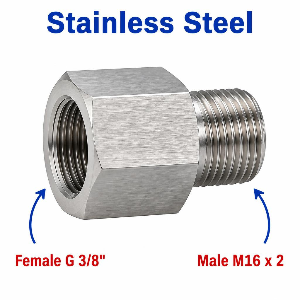 Stainless steel BSP G 3/8 inch female to M16x2 male sensor adaptor fitting for conversion by MC Motoparts