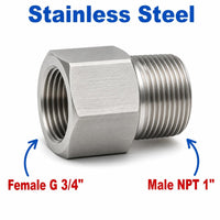 Stainless steel BSP G 3/4 inch female to 1 inch NPT male sensor adaptor fitting for plumbing and sensor conversions.