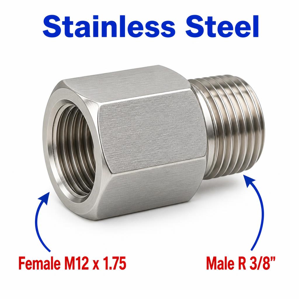Stainless steel M12x1.75 female to BSPT tapered 3/8 inch male sensor adaptor fitting for conversion, by MC Motoparts.