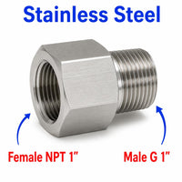 Stainless steel 1-inch NPT female to BSP G 1-inch male sensor adaptor fitting for conversion, MC Motoparts APS adaptor fittings.