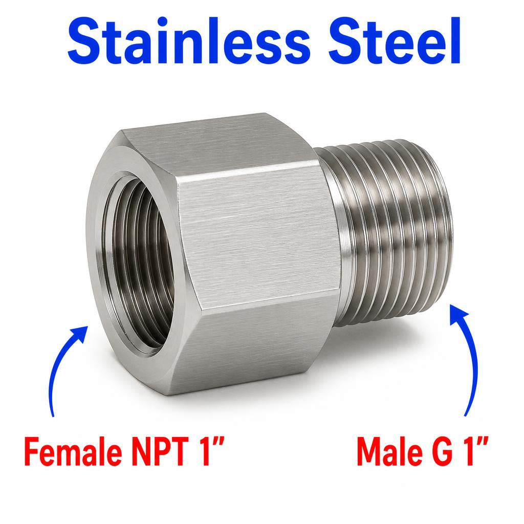 Stainless steel 1-inch NPT female to BSP G 1-inch male sensor adaptor fitting for conversion, MC Motoparts APS adaptor fittings.