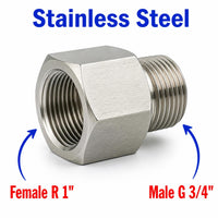 Stainless steel MC Motoparts BSPT tapered adapter fitting with 1-inch female to 3/4-inch male BSP G threads for sensor conversion