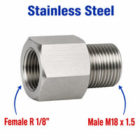 Stainless steel MC Motoparts APS Tapered R 1/8 inch female to M18x1.5 male sensor adaptor fitting for conversion.