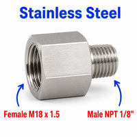 Stainless steel M18x1.5 female to 1/8 inch NPT male sensor adaptor fitting for hydraulic or pneumatic connections.