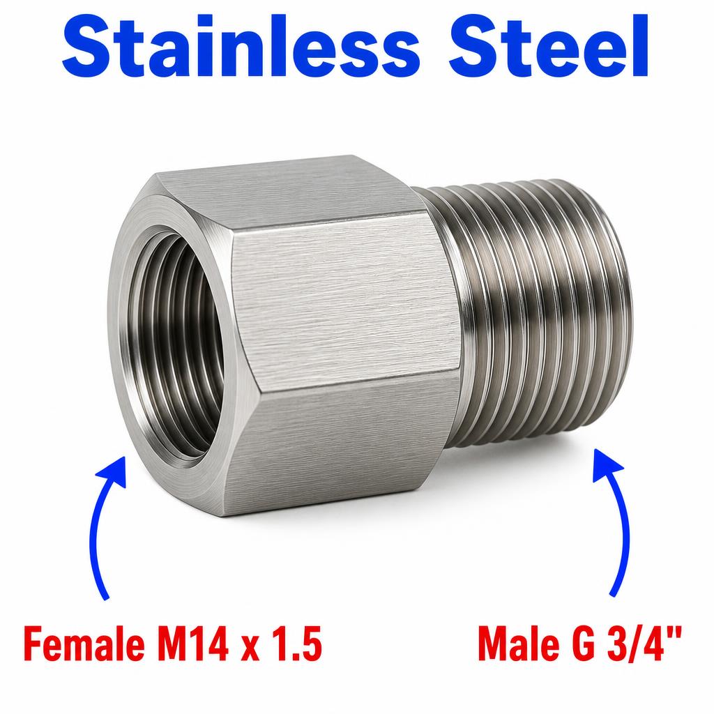 Stainless steel M14x1.5 female to BSP G 3/4 inch male sensor adapter fitting for conversion by MC Motoparts