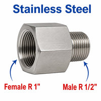 Stainless steel MC Motoparts APS adaptor fitting with 1-inch female to 1/2-inch male BSPT tapered threads for sensor conversion.