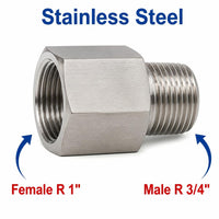 Stainless steel MC Motoparts BSPT tapered sensor adaptor fitting, 1-inch female to 3/4-inch male conversion, for plumbing or hydraulic use.