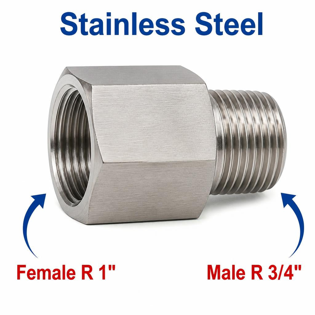 Stainless steel MC Motoparts BSPT tapered sensor adaptor fitting, 1-inch female to 3/4-inch male conversion, for plumbing or hydraulic use.