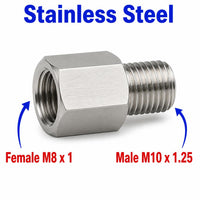 Stainless steel M8x1 female to M10x1.25 male sensor adaptor fitting for automotive conversions by MC Motoparts.