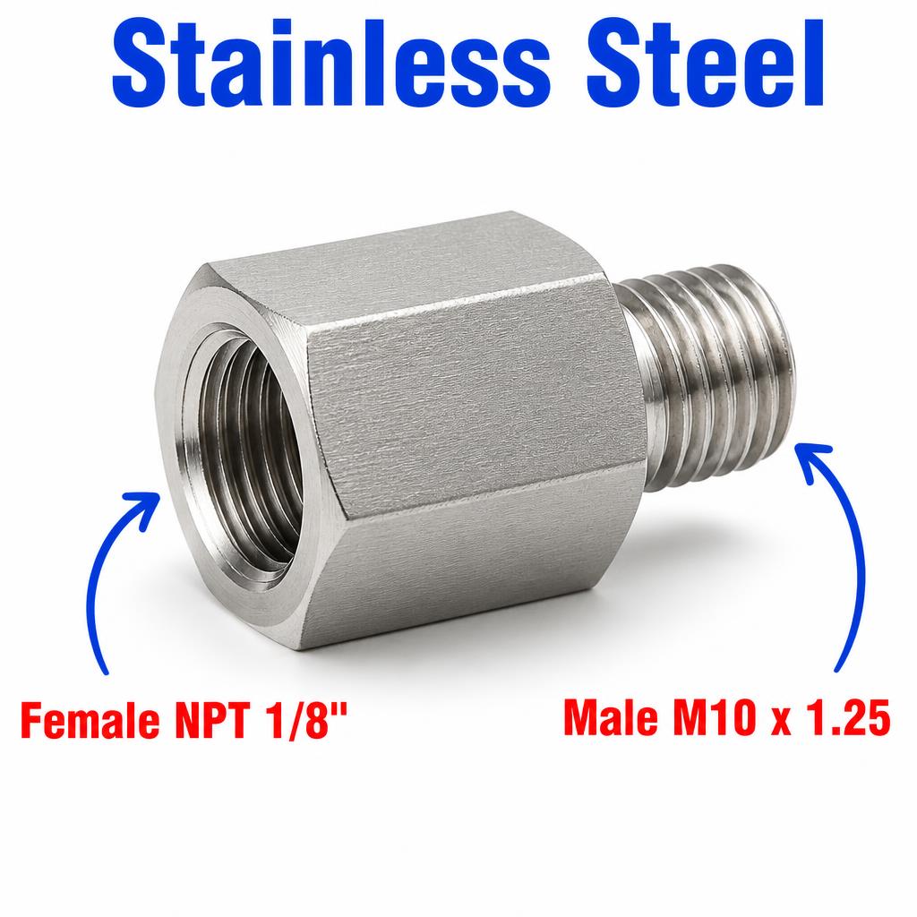 1/8 inch NPT Female to M10x1.25 Male Stainless Steel 304 Sensor Adaptor Fittings Conversion