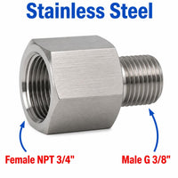 Stainless steel 3/4 inch NPT female to BSP G 3/8 inch male sensor adaptor fitting for hydraulic or plumbing applications.