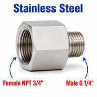 Stainless steel 3/4 inch NPT female to BSP G 1/4 inch male sensor adaptor fitting for conversion, MC Motoparts APS1228.