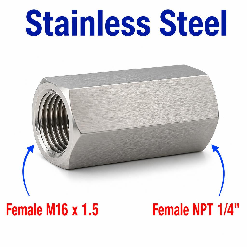 M16x1.5 Female to 1/4 inch NPT Female Stainless Steel 304 Sensor Adaptor Fittings Conversion
