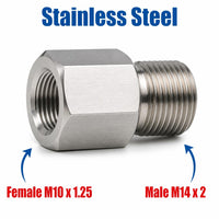 Stainless steel M10x1.25 female to M14x2 male sensor adaptor fitting for conversion, compatible with MC Motoparts APS adaptor fittings.