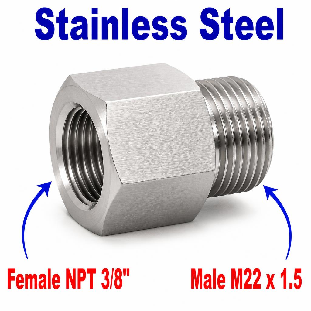 Stainless steel 3/8 inch NPT female to M22x1.5 male sensor adaptor fitting for hydraulic or pneumatic conversions.