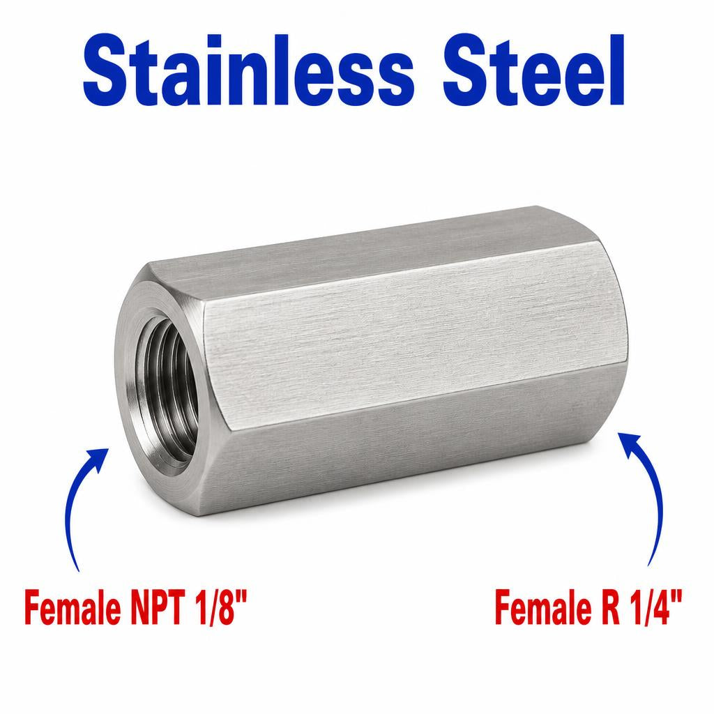 Stainless steel 1/8 inch NPT female to BSPT tapered R 1/4 inch female sensor adaptor fitting for conversion, MC Motoparts APS adaptor series