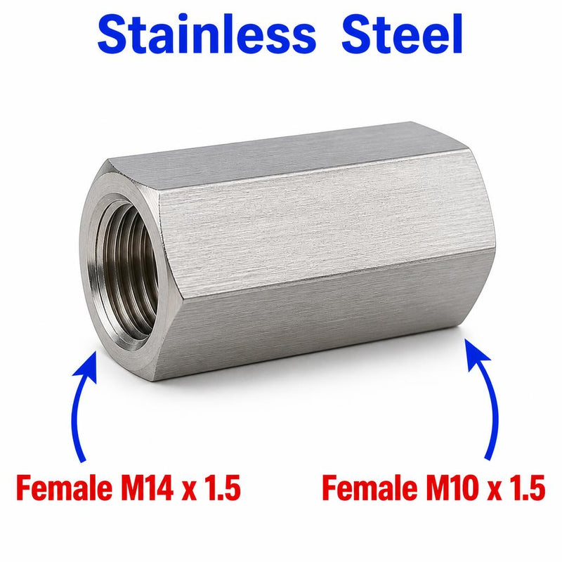 Stainless steel MC Motoparts APS M14x1.5 female to M10x1.5 female sensor adaptor fitting for conversion.