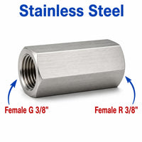 Stainless steel BSP G 3/8 inch female to BSPT tapered 3/8 inch female sensor adaptor fitting for conversion, branded MC Motoparts.