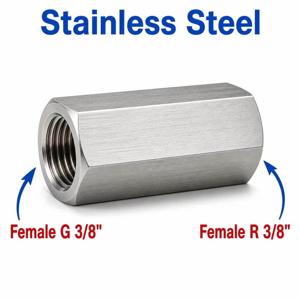Stainless steel BSP G 3/8 inch female to BSPT tapered 3/8 inch female sensor adaptor fitting for conversion, branded MC Motoparts.