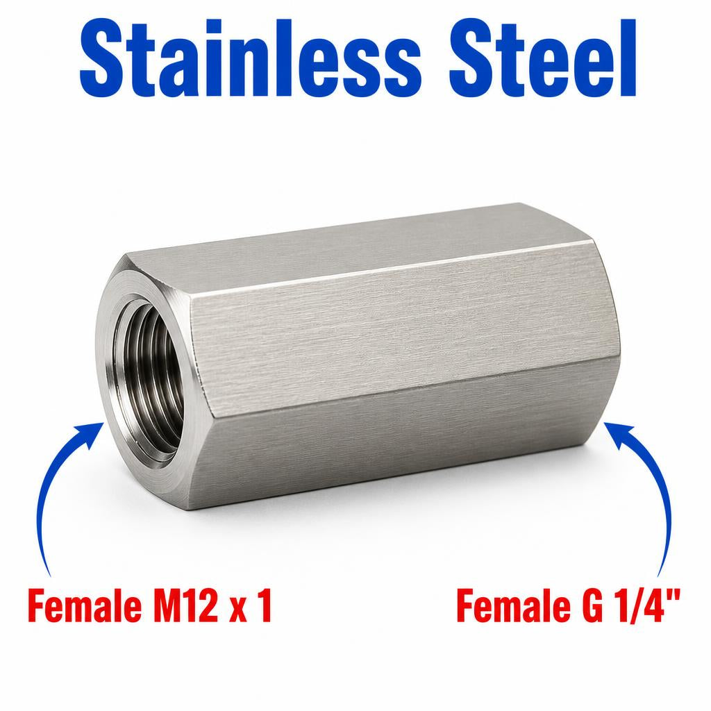 Stainless steel M12x1 female to BSP G 1/4 inch female sensor adaptor fitting for conversion, made by MC Motoparts.