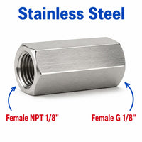 Stainless steel 304 sensor adaptor fitting with 1/8 inch NPT female to BSP G 1/8 inch female conversion for hydraulic or pneumatic systems.