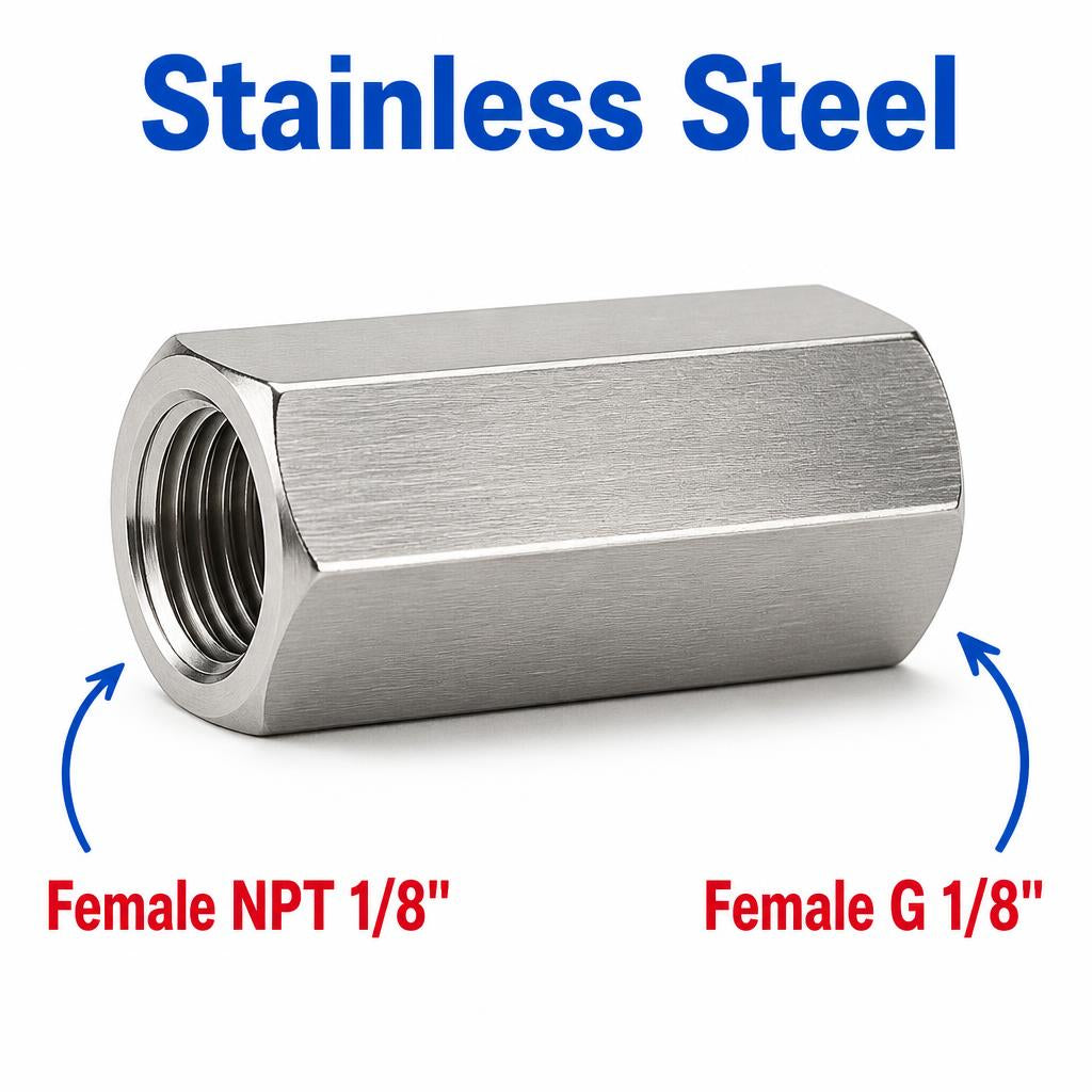 Stainless steel 304 sensor adaptor fitting with 1/8 inch NPT female to BSP G 1/8 inch female conversion for hydraulic or pneumatic systems.
