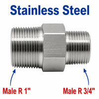 Stainless steel MC Motoparts BSPT tapered male adapter fitting, 1 inch to 3/4 inch, for sensor conversion in plumbing or automotive use.