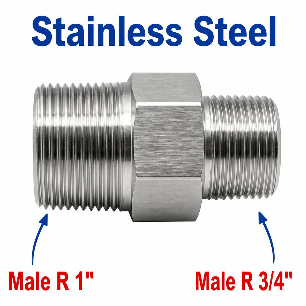 Stainless steel MC Motoparts BSPT tapered male adapter fitting, 1 inch to 3/4 inch, for sensor conversion in plumbing or automotive use.
