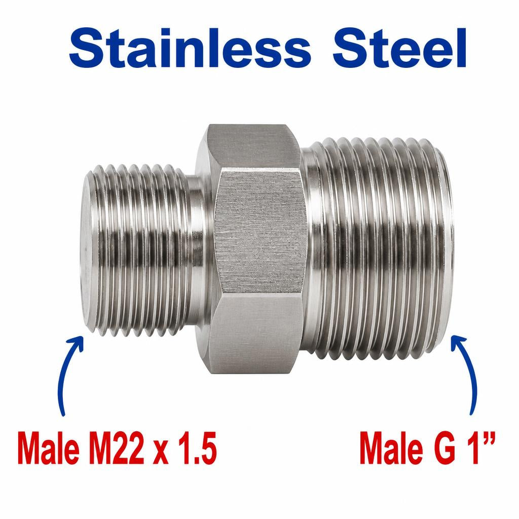 Stainless steel M22x1.5 male to BSP G 1 inch male sensor adaptor fitting for conversion, by MC Motoparts.