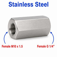 Stainless steel M10x1.5 to BSP G 1/4 female sensor adaptor fitting by MC Motoparts, showing the threaded metal components.