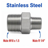 Stainless steel MC Motoparts M18x1.5 male to BSPT 1/4 inch tapered sensor adaptor fitting for hydraulic or pneumatic conversions.