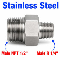 Stainless steel 1/2 inch NPT male to BSPT tapered sensor adaptor fitting with 1/4 inch male connectors for conversion applications.