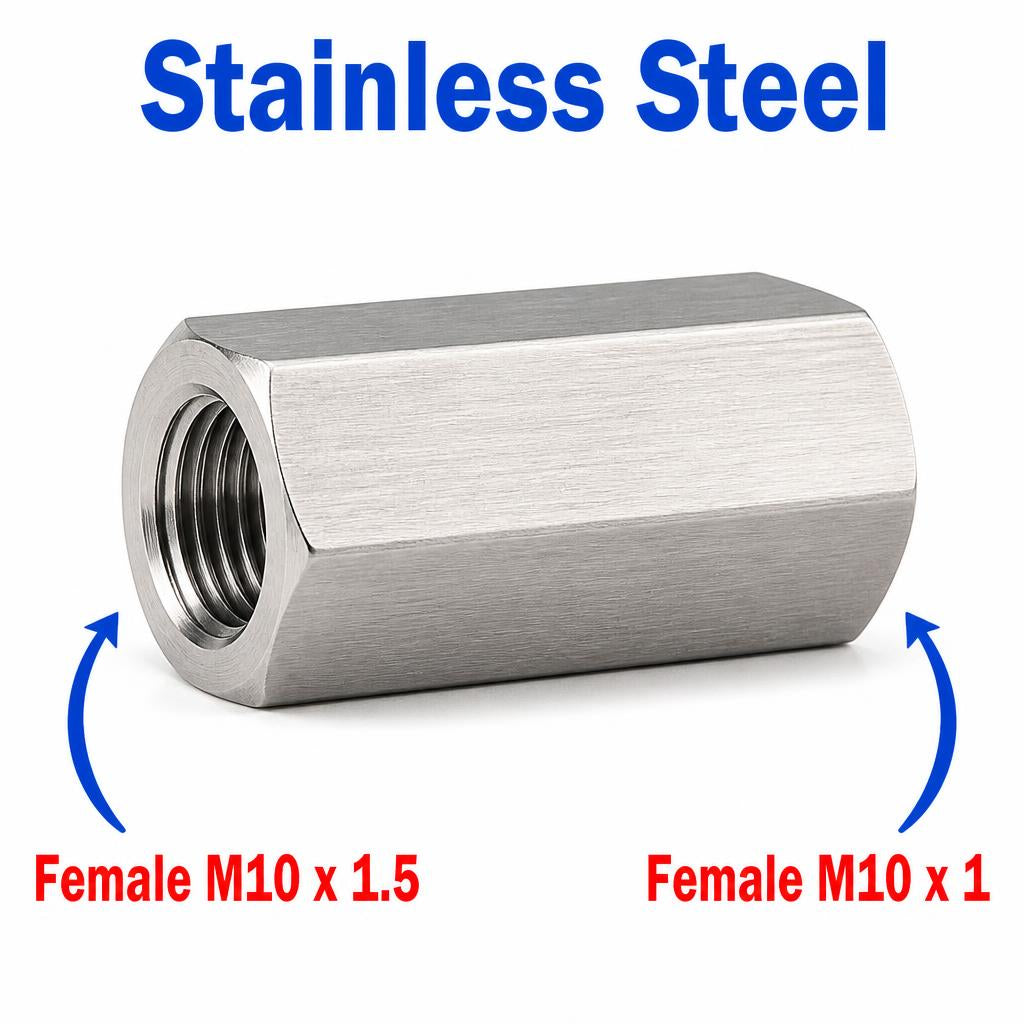 Stainless steel M10x1.5 female to M10x1 female sensor adaptor fitting from MC Motoparts, designed for sensor conversion applications.