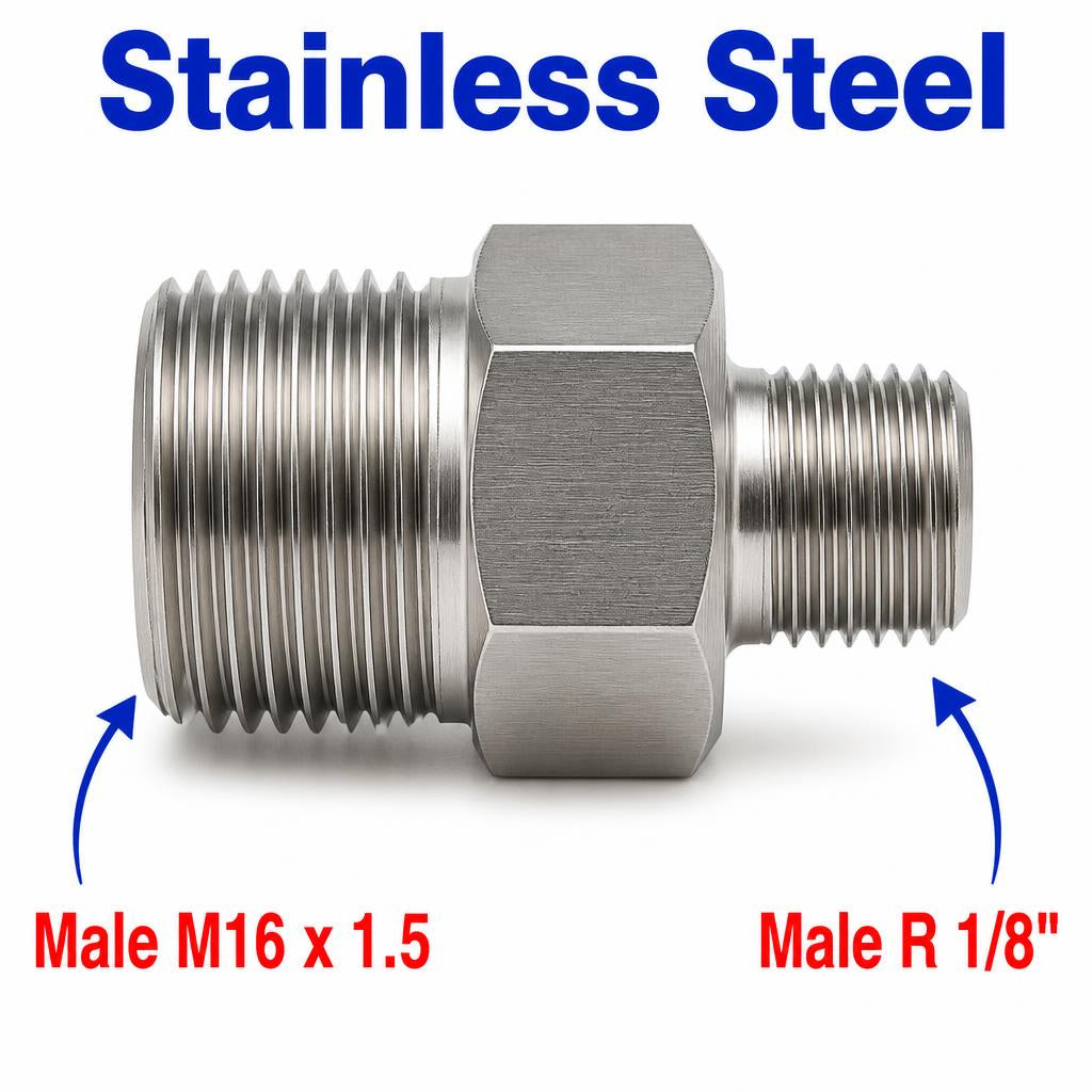 Stainless steel MC Motoparts M16x1.5 to 1/8 inch BSPT sensor adaptor fitting with tapered male ends for conversion.