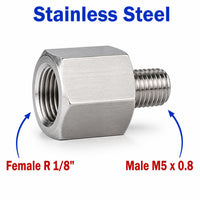 Stainless steel MC Motoparts APS adaptor fitting with 1/8 inch BSPT female to M5x0.8 male thread for sensor conversion.